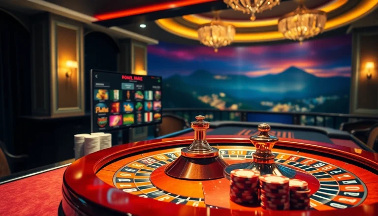 Scène captivante de casino en ligne Français avec une table de roulette élégante et des jetons de poker vibrants.