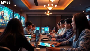 Engaging MM88 online gambling platform showcasing diverse players on multiple devices.