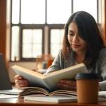 Pay someone to take TOEFL exam in a serene library setting, emphasizing study focus.