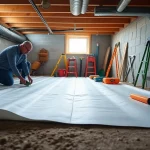 Vapor Barrier Installation process in a crawl space with workers and tools in action.