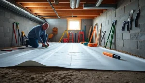 Vapor Barrier Installation process in a crawl space with workers and tools in action.