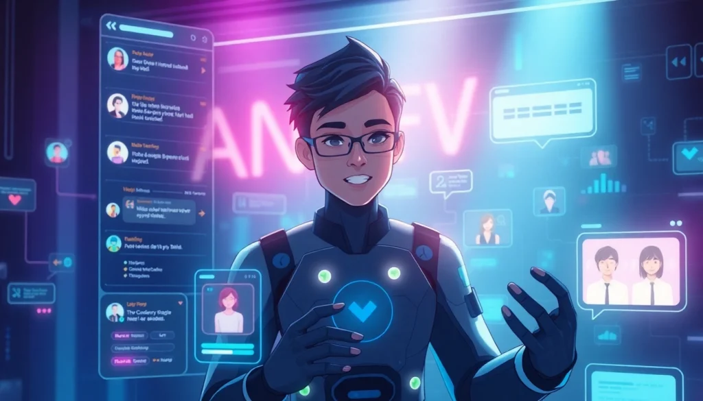 Engaging NSFW AI chatbot interface showcasing emotional interactions and user-generated content in a futuristic design.