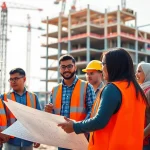 Construction advocacy meeting with diverse individuals reviewing plans on a construction site.