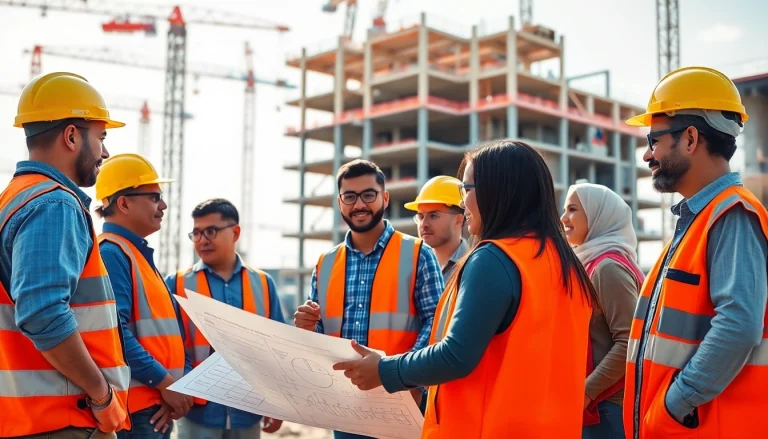 Construction advocacy meeting with diverse individuals reviewing plans on a construction site.