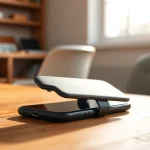 Handytasche Magnetverschluss präsentiert elegant auf einem Tisch, ideal für Smartphone-Schutz.
