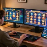 Engaging online player with multiple screens showcasing the latest link slot gacor games in a cozy home setup