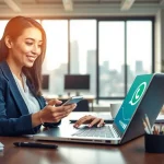 Boost your efficiency with WhatsApp Business CRM using a businesswoman's workspace setup.