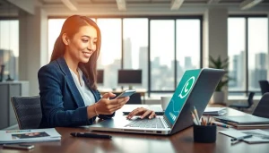 Boost your efficiency with WhatsApp Business CRM using a businesswoman's workspace setup.