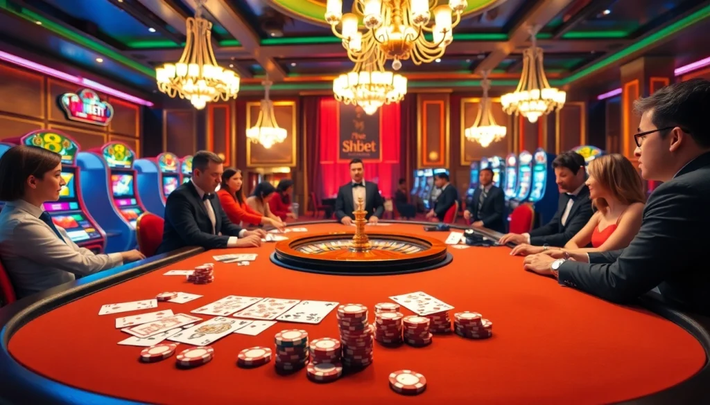 Experience high-stakes gameplay at SHBET's luxurious casino with vibrant gaming elements.