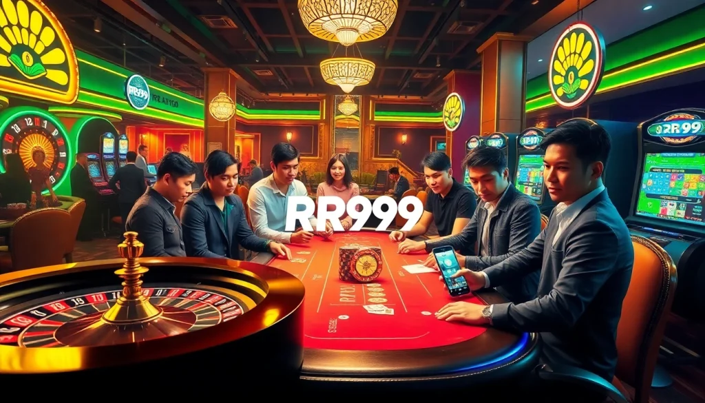 Players enjoying the thrill of RR99 online casino games with vibrant tables and slot machines.