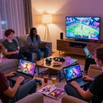 Friends enjoying diverse porn games online in a lively living room scene.