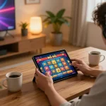 Engaging gameplay of nổ hũ on a tablet, featuring colorful jackpot symbols in a cozy setting