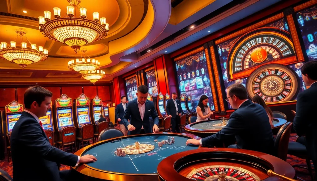 Excited players enjoying games at mm88's luxurious casino, complete with vibrant slot machines and roulette.
