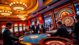 Excited players enjoying games at mm88's luxurious casino, complete with vibrant slot machines and roulette.