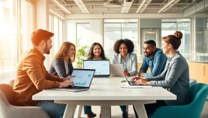 Team of marketing experts discussing agencia hubspot strategies in a bright office.
