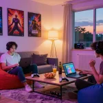 Engaged adults playing sex games online in a cozy gaming setup with colorful decor.