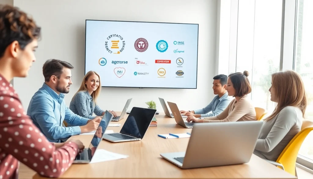 Participants discussing options to get certified during a training workshop in a bright conference room.