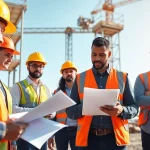 Visualize construction labor compliance with diverse workers checking documents on a busy site.