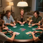 Friends playing poker at home with chips and cards visible, showcasing festive atmosphere at TG88 gaming.