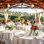 Elegant Table Rentals setup at an outdoor event with stunning decor and warm ambiance.