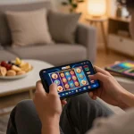 Experience the excitement of mm88 gaming through mobile play at home with vibrant casino graphics.