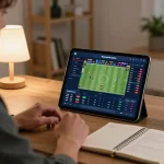 Lựa Chọn Thay Thế Nowgoal Goaloo with a person engaging in live sports betting on a tablet in a cozy home atmosphere.
