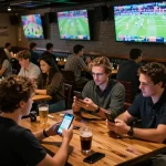 Patrons engaging with betting apps at 789bet during live sports events, showcasing an exciting atmosphere.