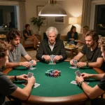 RR88 players strategizing over cards and chips in a cozy home poker game.