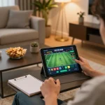 Engaging in sports betting through tylekeonhacai88 on a tablet at home with snacks nearby