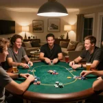 king33 players enjoying an intense poker night with colorful chips and friendly competition