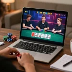 Play online poker with vipwin in a cozy home setting featuring laptop gameplay and chips.