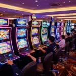 Players enjoying vibrant slot machines at hb88 com casino, celebrating exciting wins.