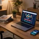 Experience online gambling with vidyasewingmachine in a cozy home setup featuring a laptop