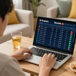 Bongdallu user engaging in online sports betting strategy at home with laptop.