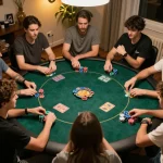 TG88 players enjoying an exciting Texas Hold'em poker game night at home with vibrant chips and drinks.