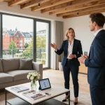 Anspruchsvoller Immobilienmakler, der Immobilien in Frankfurt Sachsenhausen präsentiert und den Charme der lokalen Architektur hervorhebt.