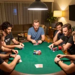Exciting home poker night with friends analyzing hands, showcasing nhandinhkeonhacai in a cozy setting.