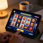 NAGA2000 player enjoying a slot game on tablet at home, illustrating vibrant reels and cozy atmosphere.