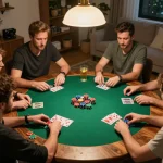 Players enjoying a casual poker night at home, discussing strategy and placing bets, showcasing Canada online casinos reddit community engagement.