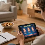 Engaging in casino non aams per italiani gaming at home using a tablet with poker and slot games visible.