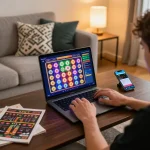 Engaging player enjoying an online toto slot game on laptop at home, showcasing gaming setup.