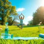 Promote health through yoga in a colorful, serene outdoor setting filled with nature.