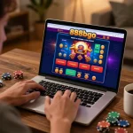 Engaging in online gambling on 888bgo with a laptop displaying casino games.
