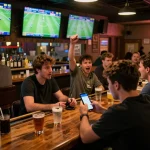 Cakhiatv users placing bets on football matches in a lively sports bar atmosphere