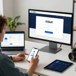 IODeFi sign up interface on a modern desk, showcasing user-friendly design and cloud mining features in a bright digital workspace.