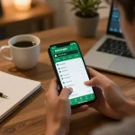 Person engaging with the keobongda sports betting app on smartphone in a cozy home office setup.