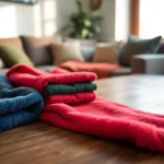 Fleece kleding in verschillende kleuren op een houten tafel in een gezellige woonkamer.