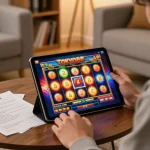 Pemain yang terlibat menikmati permainan slot tokyo88 di tablet dalam suasana ruang tamu yang nyaman.