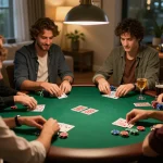 Friends enjoying a strategic game night around a poker table, referencing tor hidden wiki for advice.