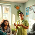 Health care worker engaging with community members about health practices.